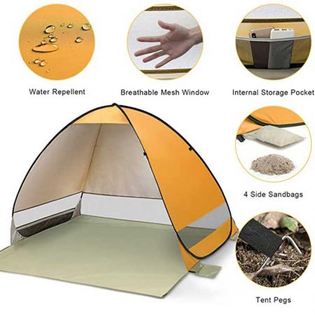 Портативная раскладывающаяся пляжная палатка включает в себя дорожную сумку и колышки для палатки.
 