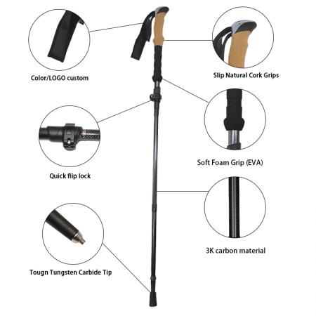 Складная трость из алюминиевого сплава с пробковой рукояткой, регулируемая, для альпинизма, с резиновыми наконечниками, для походов и треккинга. 