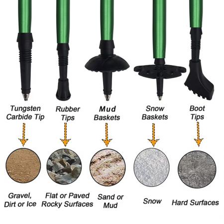 Пятисекционная телескопическая складная палка для альпинизма из алюминиевого сплава с регулируемым диаметром и наконечником из вольфрамовой стали, изготовленная из материала EVA. 
