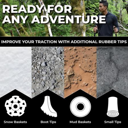 Высокопрочные, сверхлегкие, регулируемые телескопические треккинговые палки с наконечником из вольфрамовой стали и рукояткой из ЭВА. 